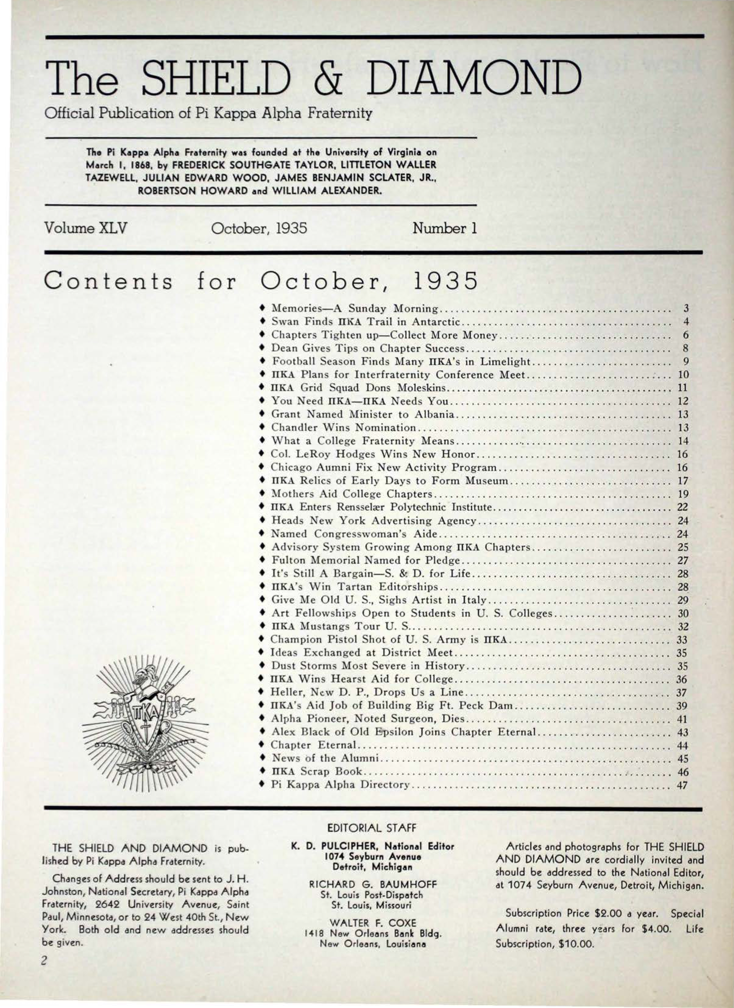 The Shield & Diamond, Vol. 45, No. 1, Table of Contents
